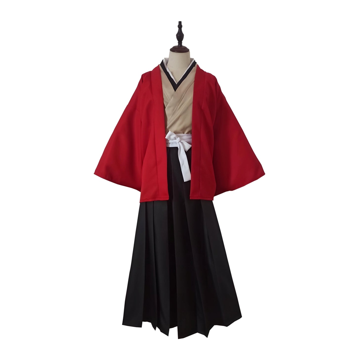 A traditional red haori with a black hakama set displayed on a mannequin.