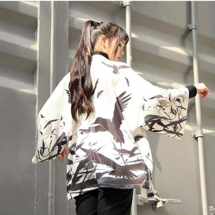 Haori | Black & White Raven Kimono Cardigan