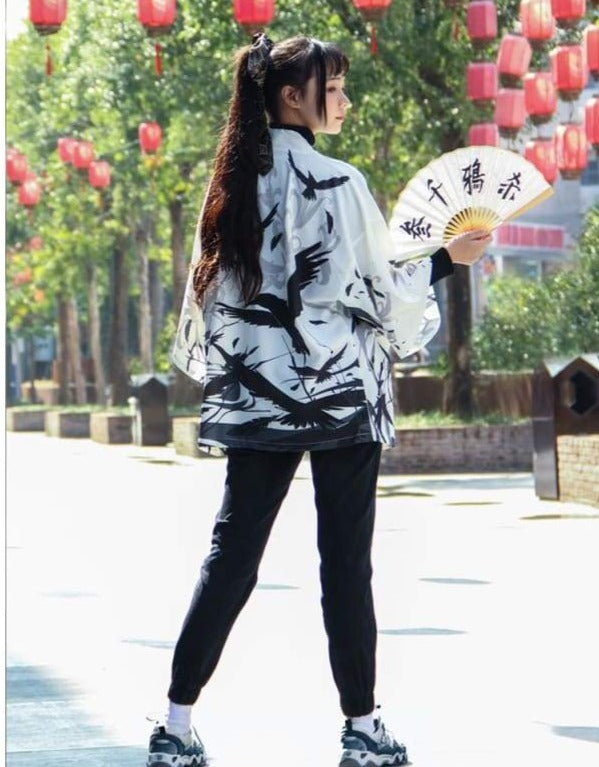 Haori | Black & White Raven Kimono Cardigan