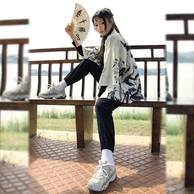 Haori | Black & White Raven Kimono Cardigan