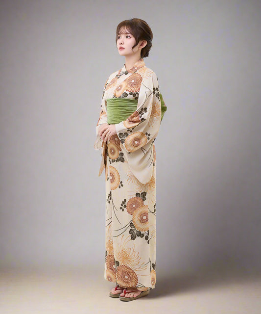 Woman wearing a floral kimono on a white background