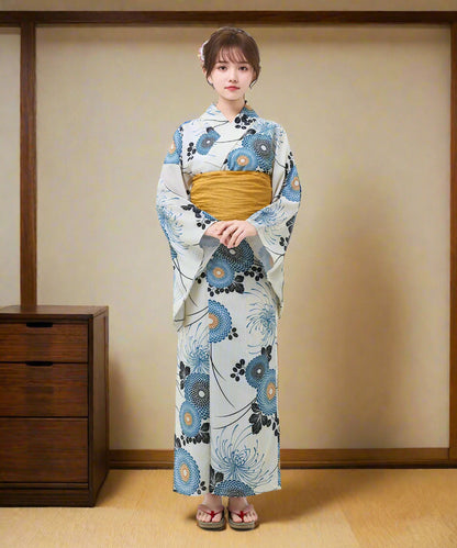 Woman wearing a floral kimono with a white background