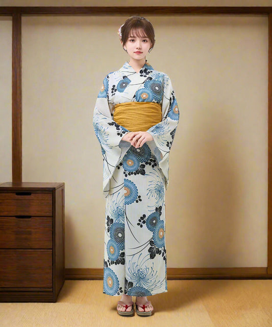 Woman wearing a floral kimono with a white background