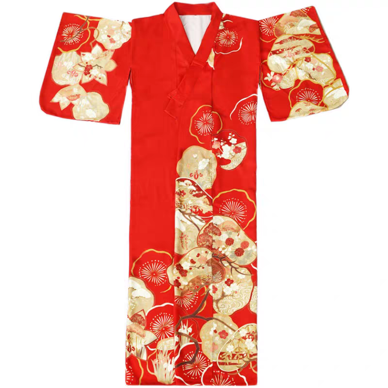 Red kimono with floral patterns on a white background