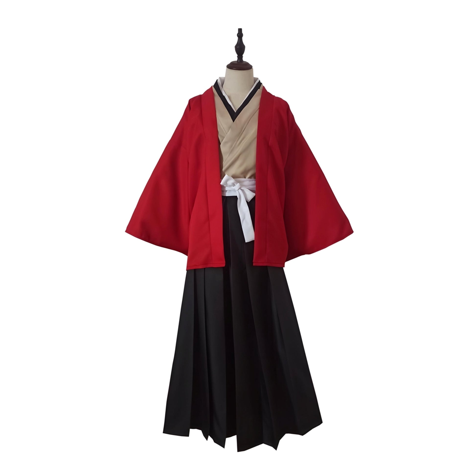 A traditional red haori with a black hakama set displayed on a mannequin.